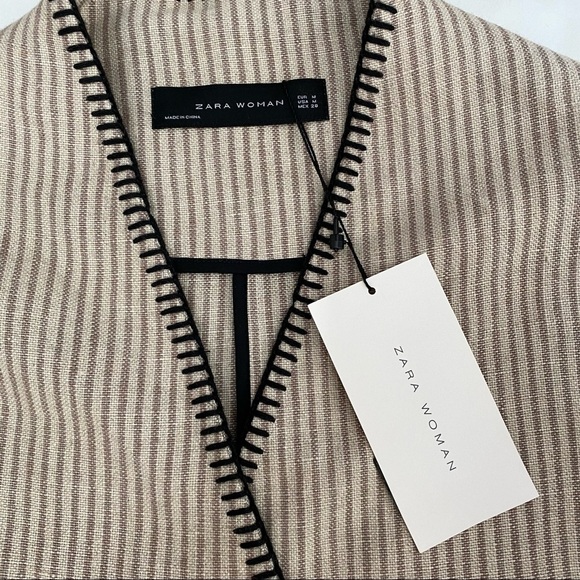 Zara Woman Stripe Wrap Dress Coat Sz Med Belted Linen Fringe Hem Roll Up Sleeves - Picture 9 of 14